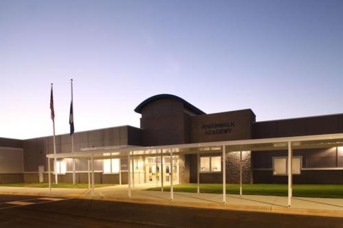 View of the school entrance at dusk