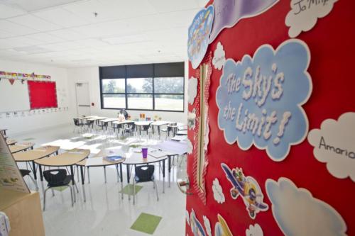 A classroom with a poster reading "The sky's the limit"