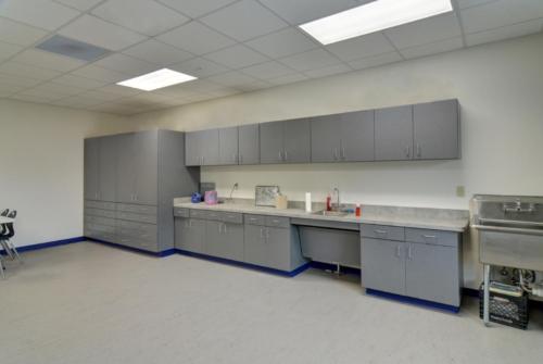 Gray cabinetry in a classroom