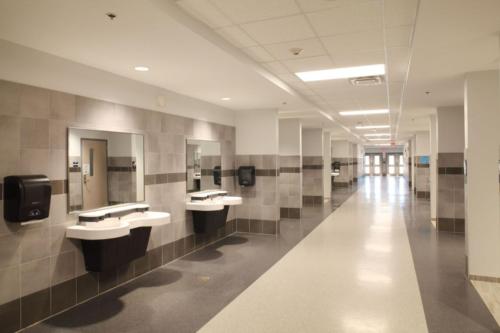 A large restroom/locker room area