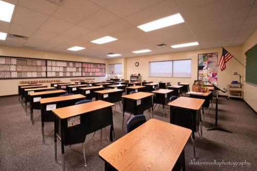 classroom with desks in rows