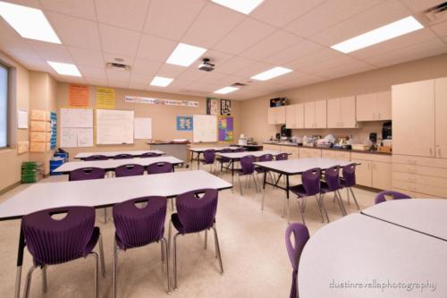 science classroom with group tables in rows