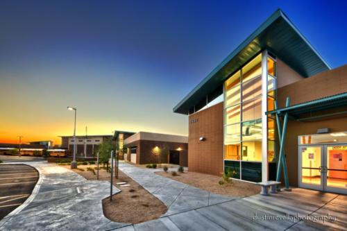 alternate exterior view of charter school at dusk