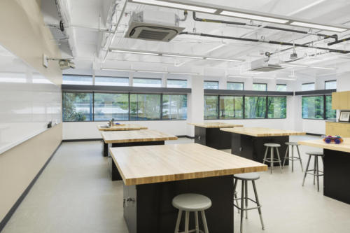 An engineering classroom with butcher block counter tops