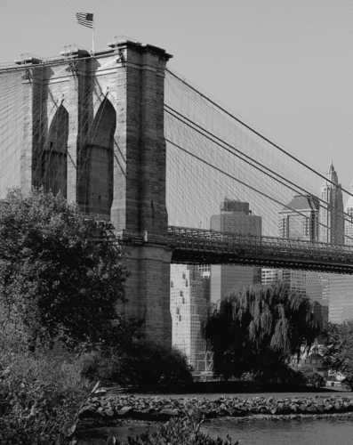 Black and white photo of the Brooklyn Bridge