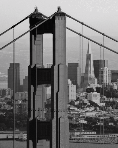 black and white photo of the Golden Gate Bridge