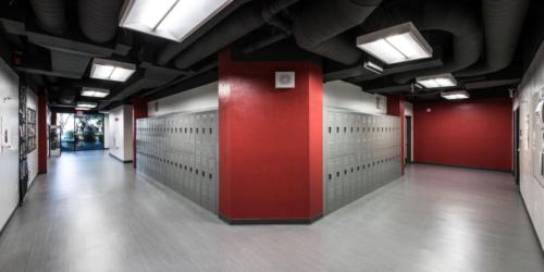 view down two halls full of lockers