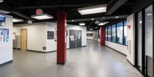 foyer area with red columns