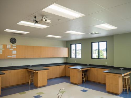 science classroom with a projector hanging from the ceiling