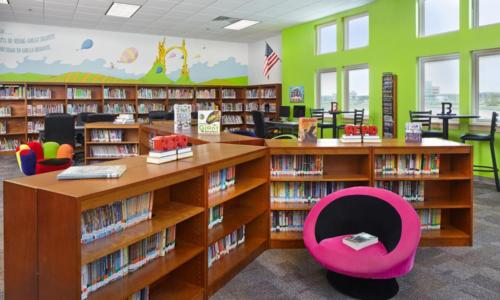 School library and fun pink chair