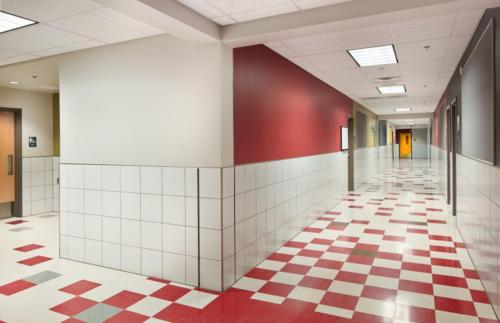 Hallways with red and white checkered tile floor