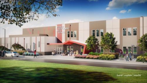 Rendering of the school's exterior and entrance