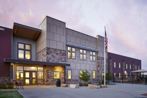 angled view of school exterior at sunset