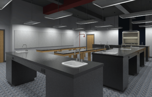 Science classroom with black countertops