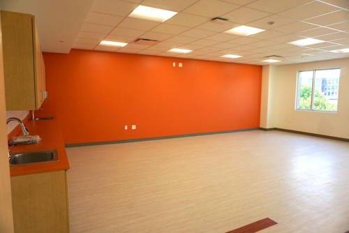 Science classroom with bright orange walls