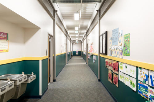 Hallway with water fountains and student artwork