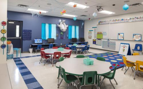 An aquatic-themed classroom with fish and paper lanterns hanging from the ceiling