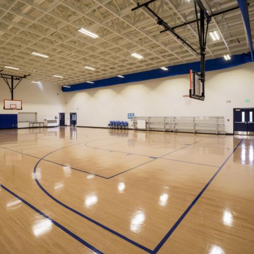 Angled view of the school gym and basketball court