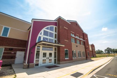 Angled view of the North East Carolina Prep charter school entrance