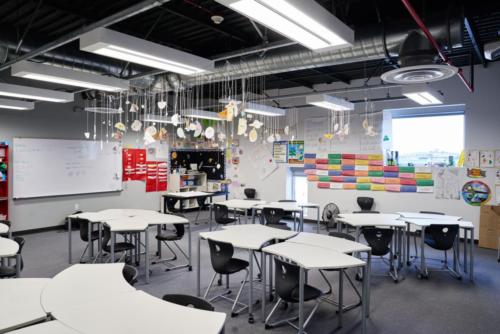 Classroom with paper cutouts of planets and stars hanging from the ceiling