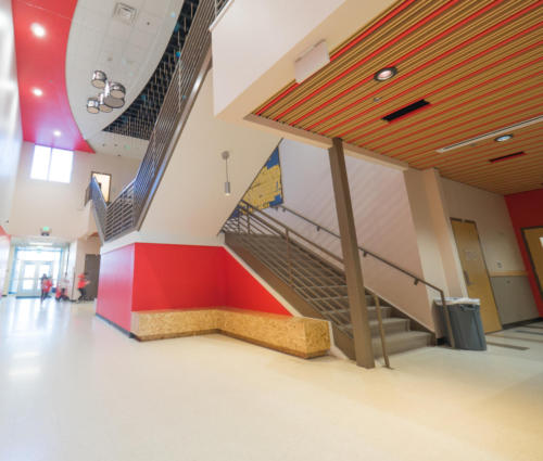 The main staircase at the entrance of a performing arts charter school