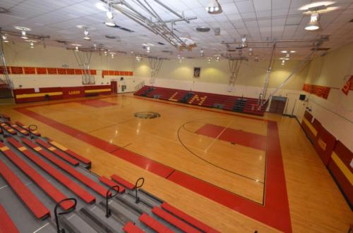 A view of the basketball court from the top of the bleachers