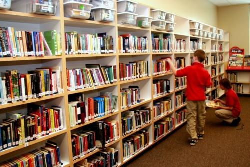 Students selecting books to check out from the school library