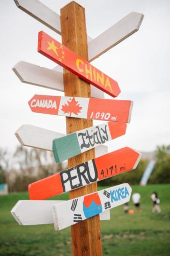 A sign with arrows pointing in different directions with distances to Canada, Italy, Peru, and other countries