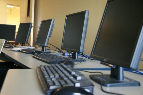 Closeup of a keyboard and monitor in the computer lab