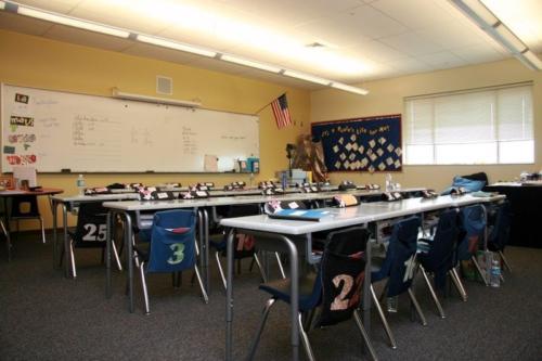 A classroom with large numbers on the back of each chair