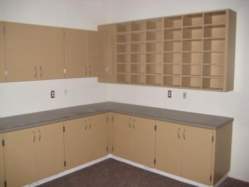 Cabinets and cubbies in the office